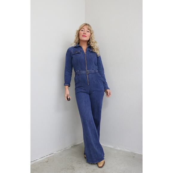 1970's Vintage Zip Up Denim Jumpsuit ~ Women's XS SM ~ Zip Up Front Wide Leg - Picture 8 of 10